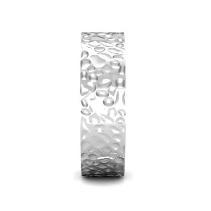 Side view of white gold or platinum hammered texture band for men showing the band depth