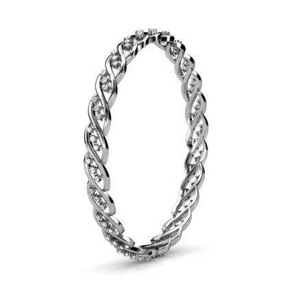Side view of white gold or platinum twisted braid diamond bangle showing the band depth