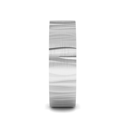 Side view of white gold or platinum bark texture band for men showing the band depth