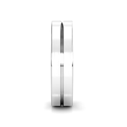Side view of white gold or platinum brushed center groove band for men showing the band depth