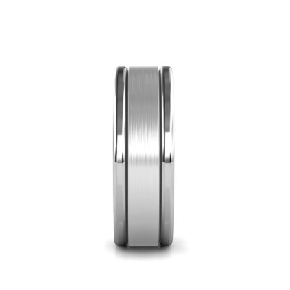 Side view of white gold or platinum brushed double groove band for men showing the band depth