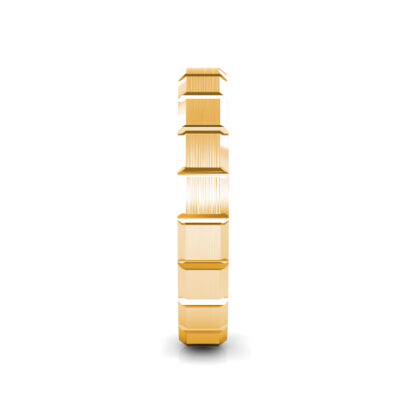 Side view of yellow gold brushed block segment band showing the band depth