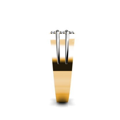 Side view of yellow and white gold five row pave diamond two-tone ring for men showing the band depth