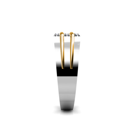 Side view of white and yellow gold five row pave diamond two-tone ring for men showing the band depth