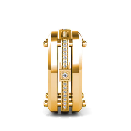 Side view of yellow gold screw detail diamond square band for men showing the band depth