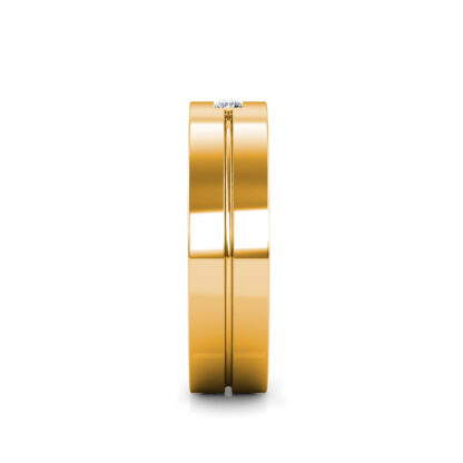 Side view of yellow gold two diamond groove flat band for men showing the band depth