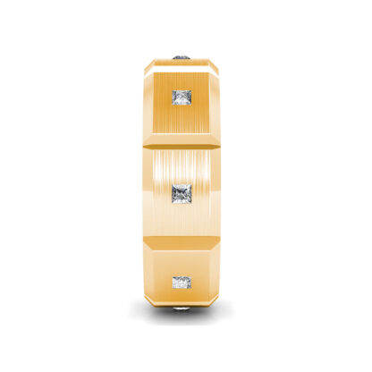 Side view of yellow gold princess diamond station band for men showing the band depth