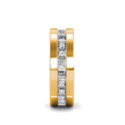 Side view of yellow gold princess cut channel-set eternity band for men showing the band depth