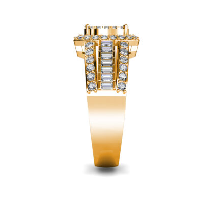 Side view of yellow gold oval diamond cluster baguette ring for men showing the band depth
