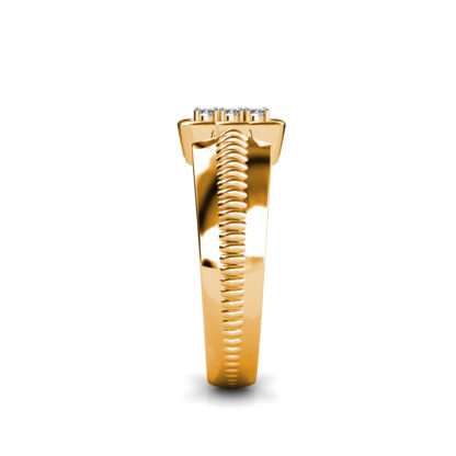Side view of yellow gold nine diamond scalloped square ring for men showing the band depth