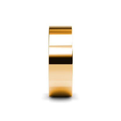 Side view of yellow gold vertical three diamond flat band for men showing the band depth