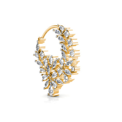 Side view of yellow gold diamond leaf cluster nose ring showing the band depth