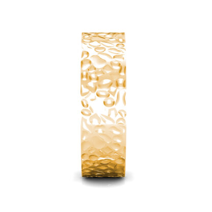 Side view of yellow gold hammered texture band for men showing the band depth