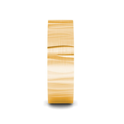 Side view of yellow gold bark texture band for men showing the band depth