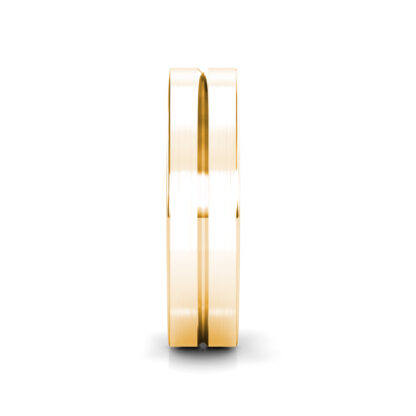 Side view of yellow gold brushed center groove band for men showing the band depth