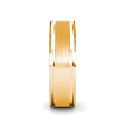 Side view of yellow gold brushed step edge band for men showing the band depth