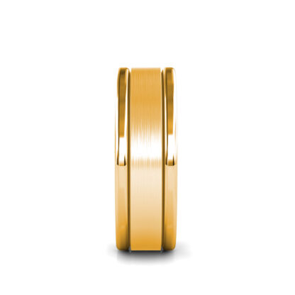 Side view of yellow gold brushed double groove band for men showing the band depth